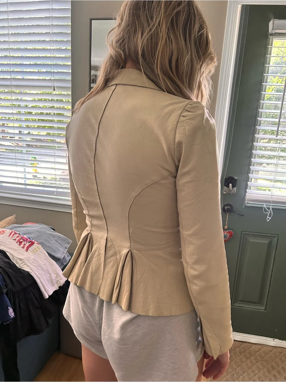 John Carlisle Essentials Women's Beige Genuine Leather Peplum Blazer M